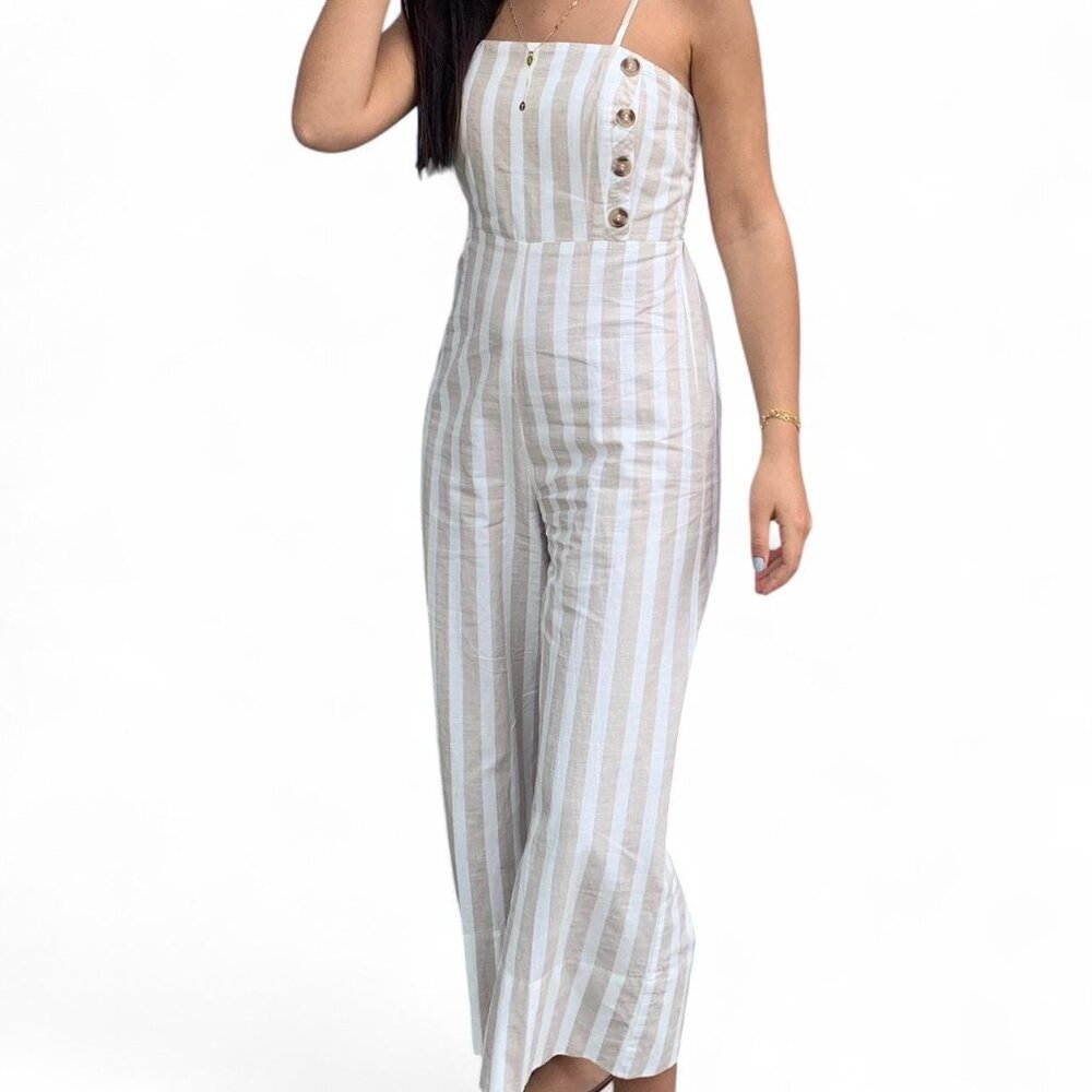 Tan and white striped jumpsuit with button detailing